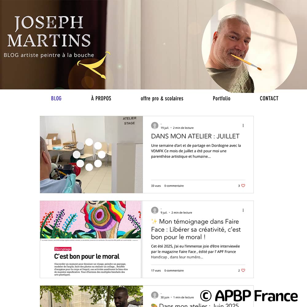 Portrait de Joseph Martins, peintre à la bouche, extrait de son nouveau site, décembre 2023
