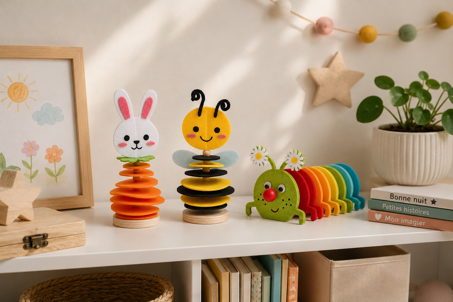 Petits animaux en feutrine et perles utilisés en décoration dans une chambre d'enfant, à côté de livres et d'un dessin encadré