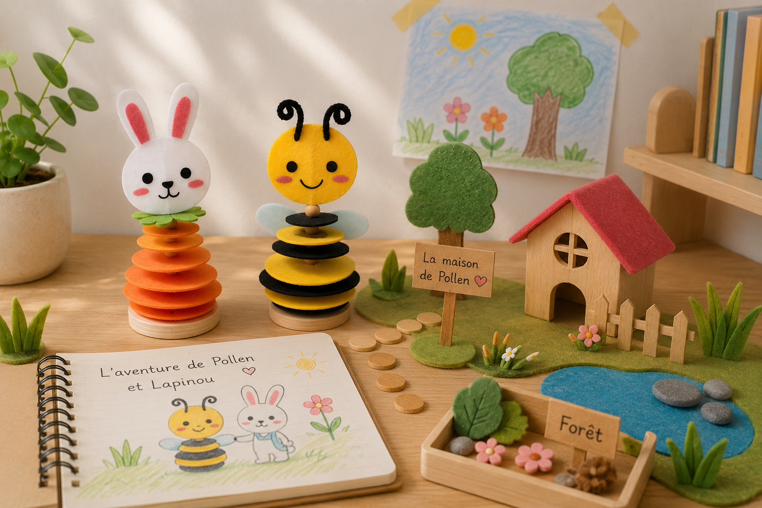 Le lapin et l'abeille en feutrine mis en scène dans un décor et un carnet d'histoire illustré