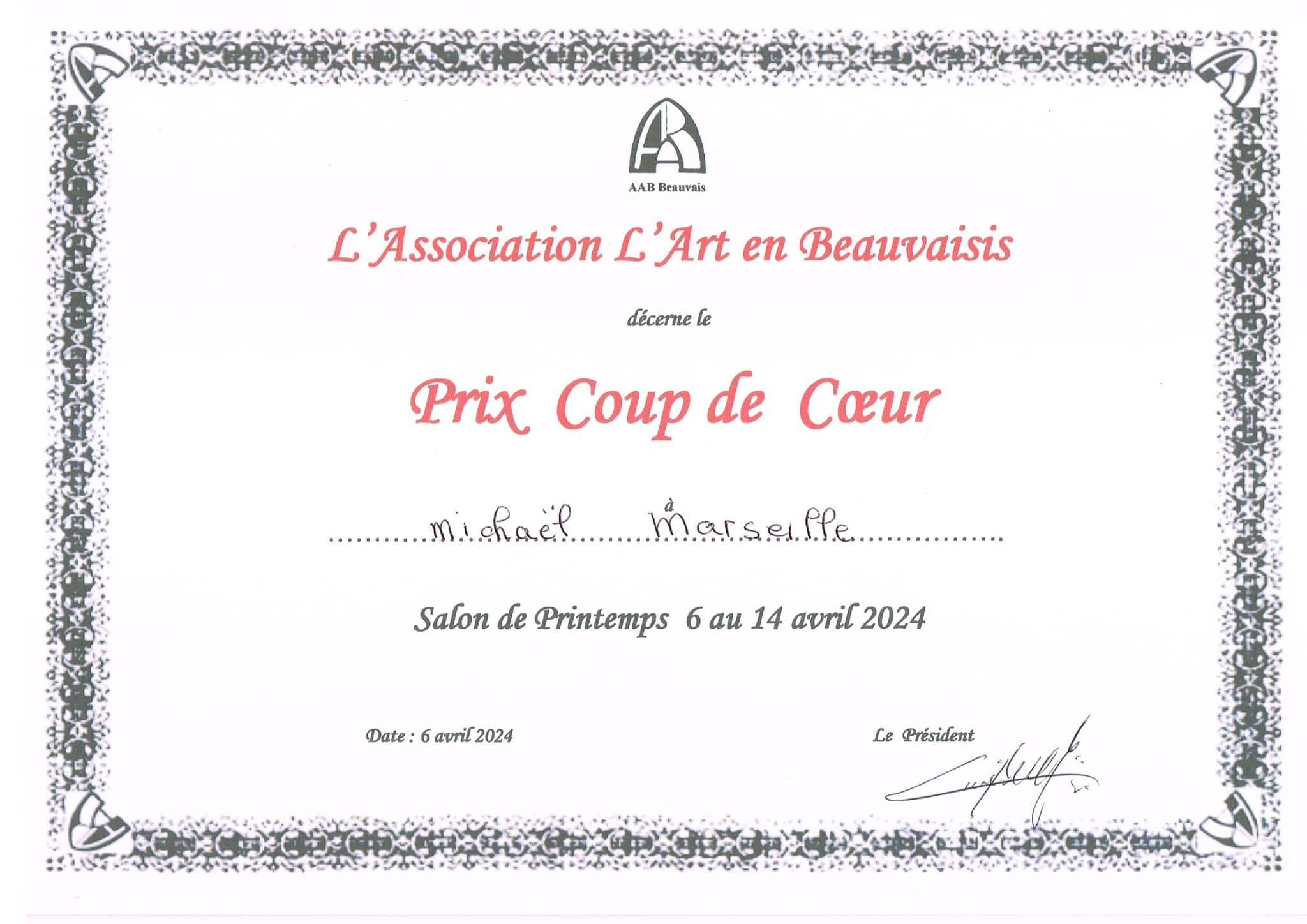 Michaël Marseille reçoit le prix Coup de cœur au Salon de Printemps 2024 de l’Art en Beauvaisis