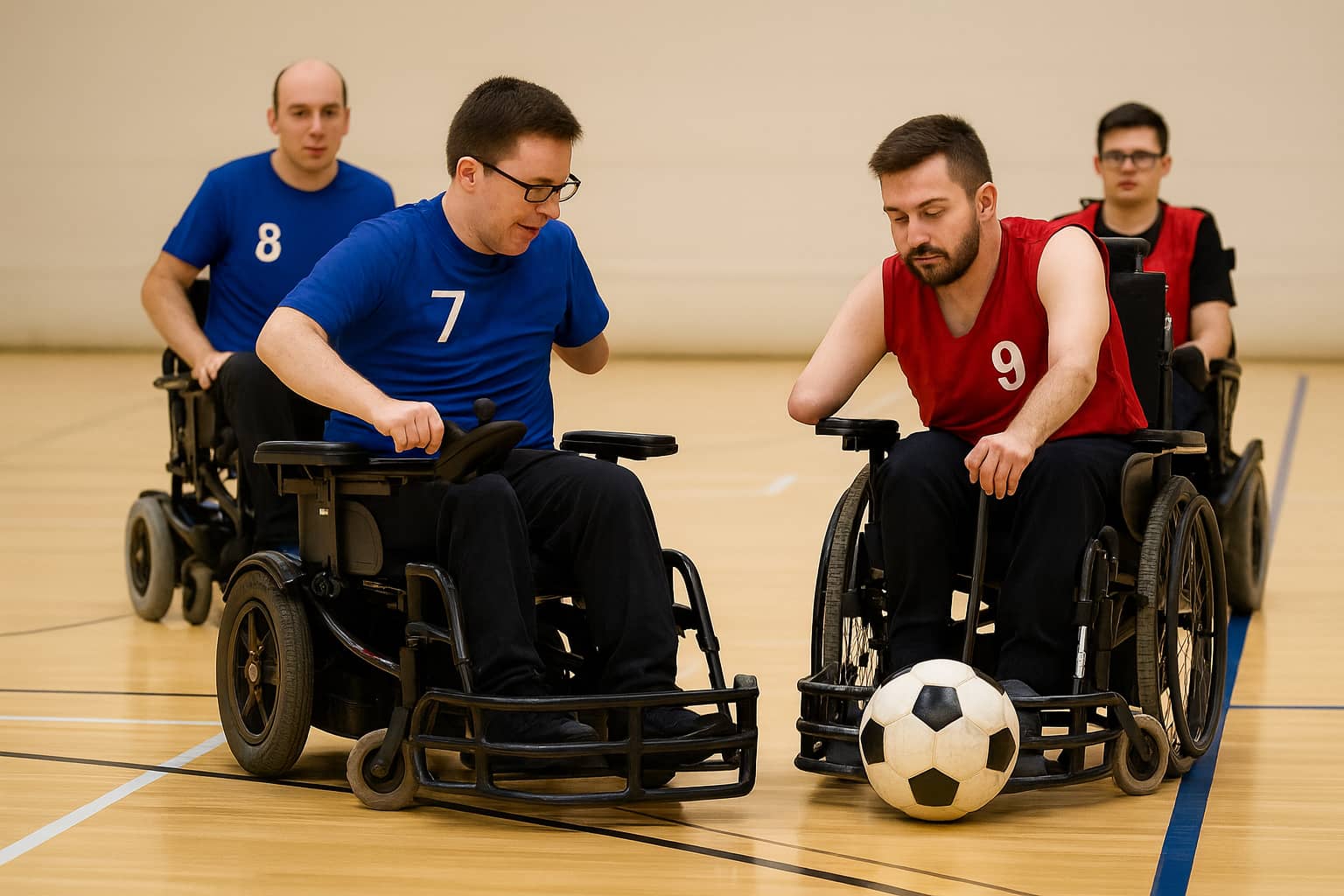  Match de foot-fauteuil en gymnase, joueurs en fauteuils électriques des équipes bleue et rouge disputant le ballon. 