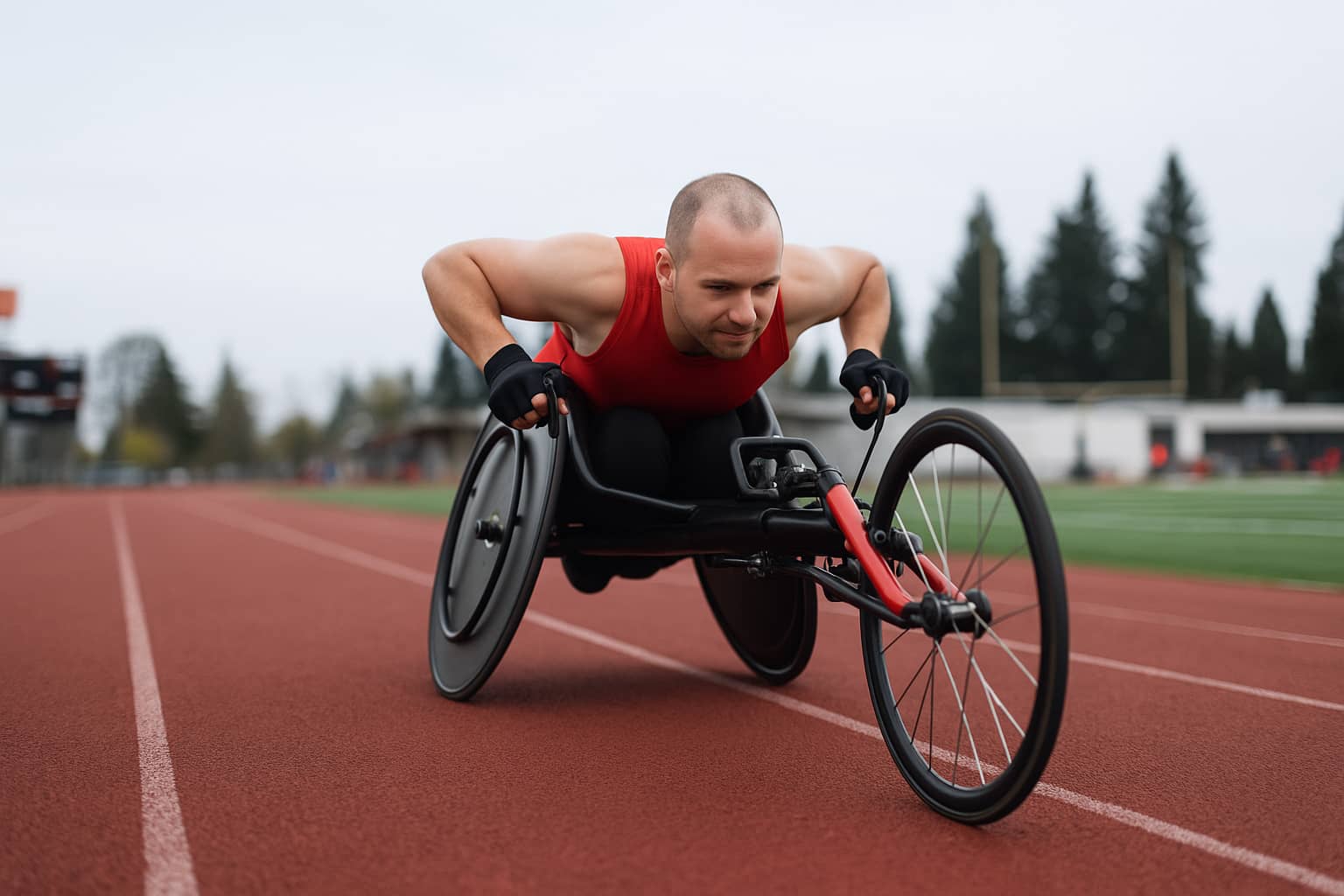  Sportif en fauteuil roulant pratiquant le handbike, discipline de cyclisme adaptée avec propulsion manuelle. 