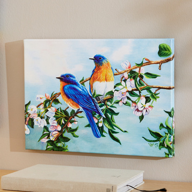 Tableau Merlebleus sur branche fleurie 