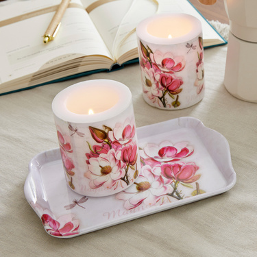 Bougie, lot de 2 et plateau Magnolia